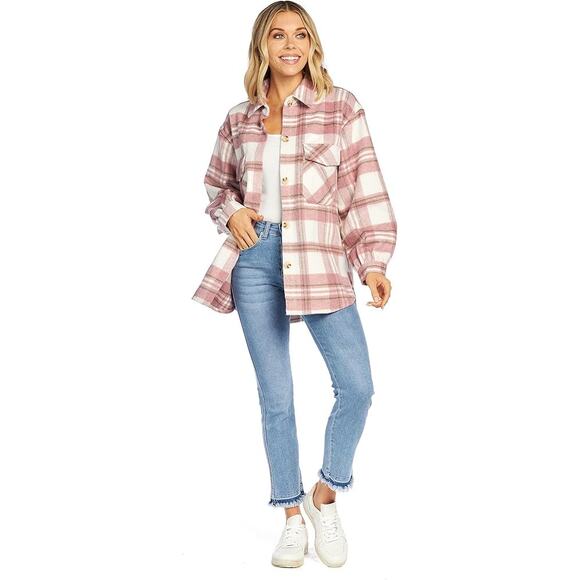 Mud Pie Women’s Medium Highland Plaid Shacket Jacket Button Up Shirt Pink Cream - Picture 3 of 10